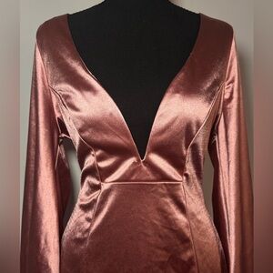 Rose Metallic Satin Long Sleeve Dress